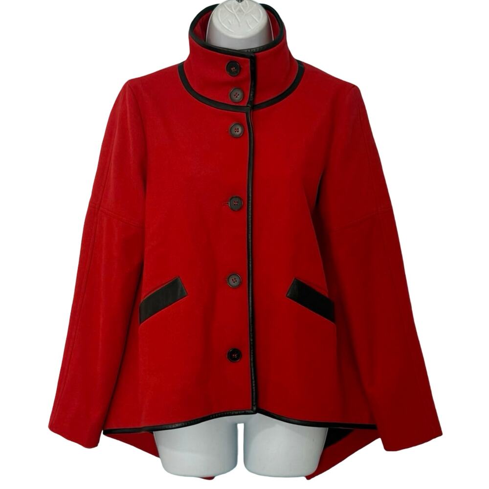 Derek Lam 10 Crosby Red Wool Black Leather Trim Short Tails Coat Peacoat size 4